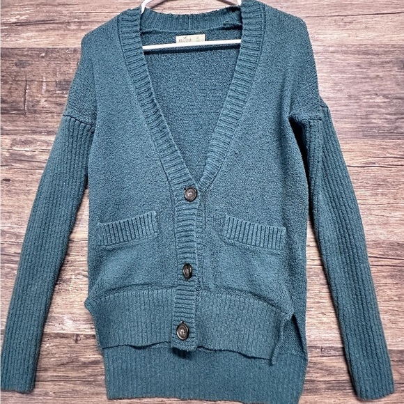 Hollister Teal Blue Cardigan Sweater with Textured Knit and V-Neck Design - Picture 1 of 5